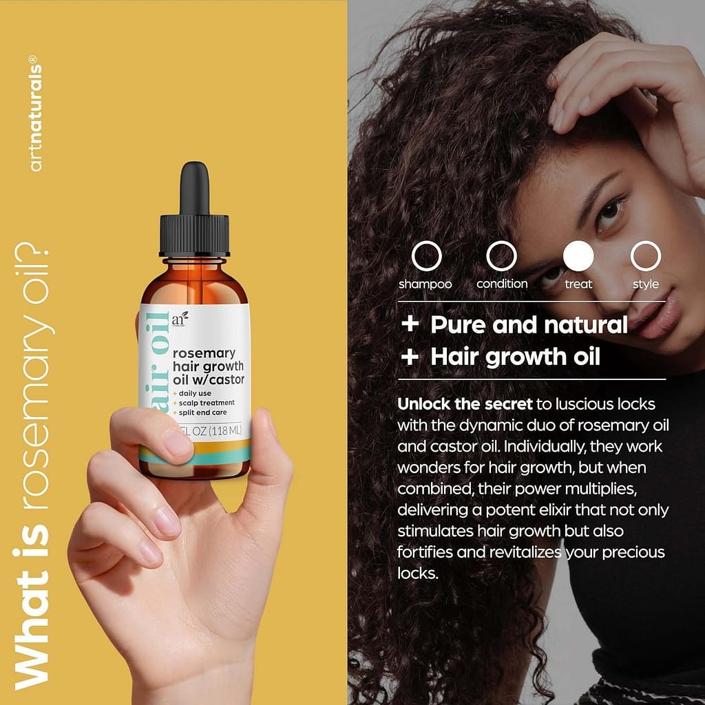 Artnaturals Organic Rosemary Castor Hair Oil  Scalp Strengthening Hair Growth Oil 4.0oz with Coconut Oil and Olive Oil - Nourishing Treatment for Dry, Damaged Hair, Split Ends, and Healthy Growth