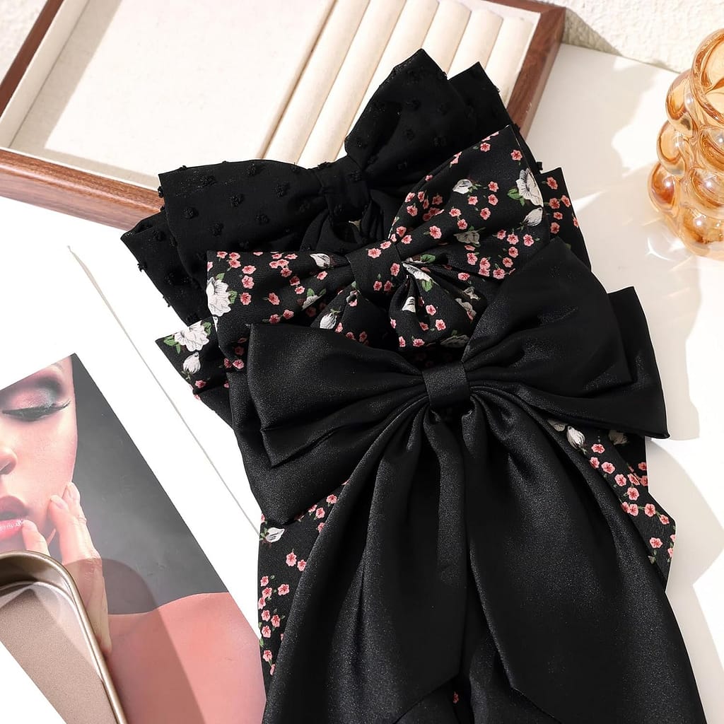 LFOUVRE Tassel Hair Bow Clips for Women - 6pcs Ribbon Barrettes With Metal Claw Clips and Bowknots - Hair Accessories for Girls and Teens