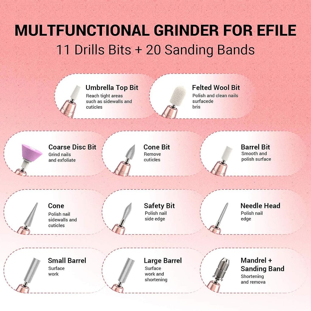 MelodySusie Electric Nail Drill Machine 11 in 1 Kit,Portable Electric Nail File Efile Set for Acrylic Gel Nails, Manicure Pedicure Tool with Nail Drill Bits Sanding Bands Dust Brush, Gold