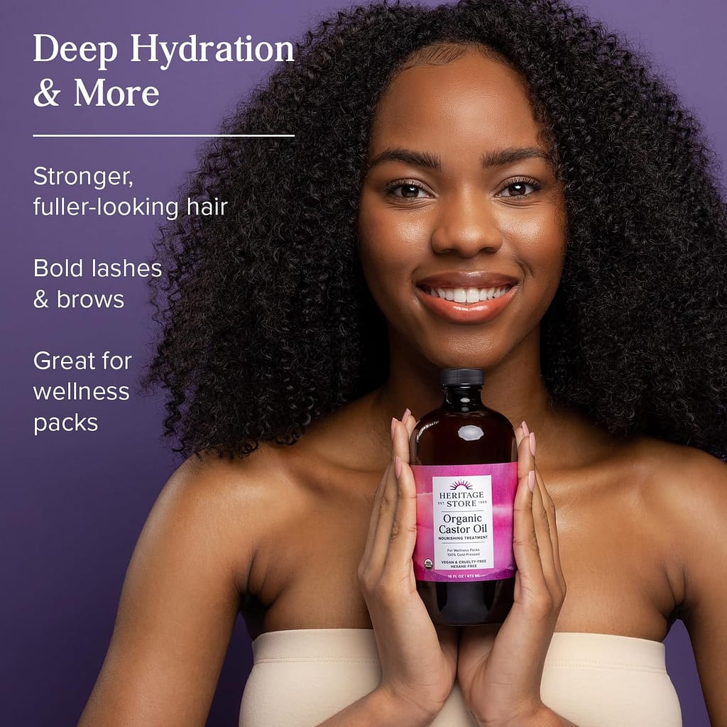 HERITAGE STORE Organic Castor Oil, Nourishing Hair Treatment, Deep Hydration for Healthy Hair/Skin Care, Eyelashes  Brows, Castor Oil Packs, Cold Pressed, Hexane Free, Vegan, Cruelty Free 32oz