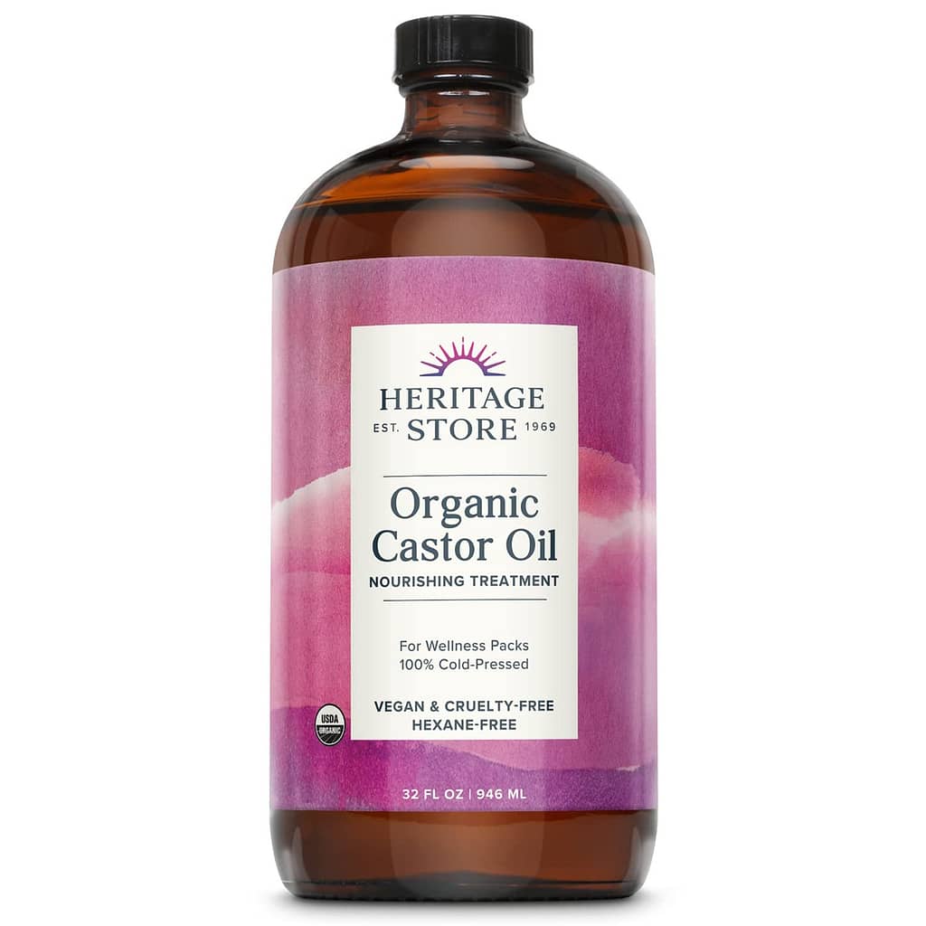 HERITAGE STORE Organic Castor Oil, Nourishing Hair Treatment, Deep Hydration for Healthy Hair/Skin Care, Eyelashes  Brows, Castor Oil Packs, Cold Pressed, Hexane Free, Vegan, Cruelty Free 32oz