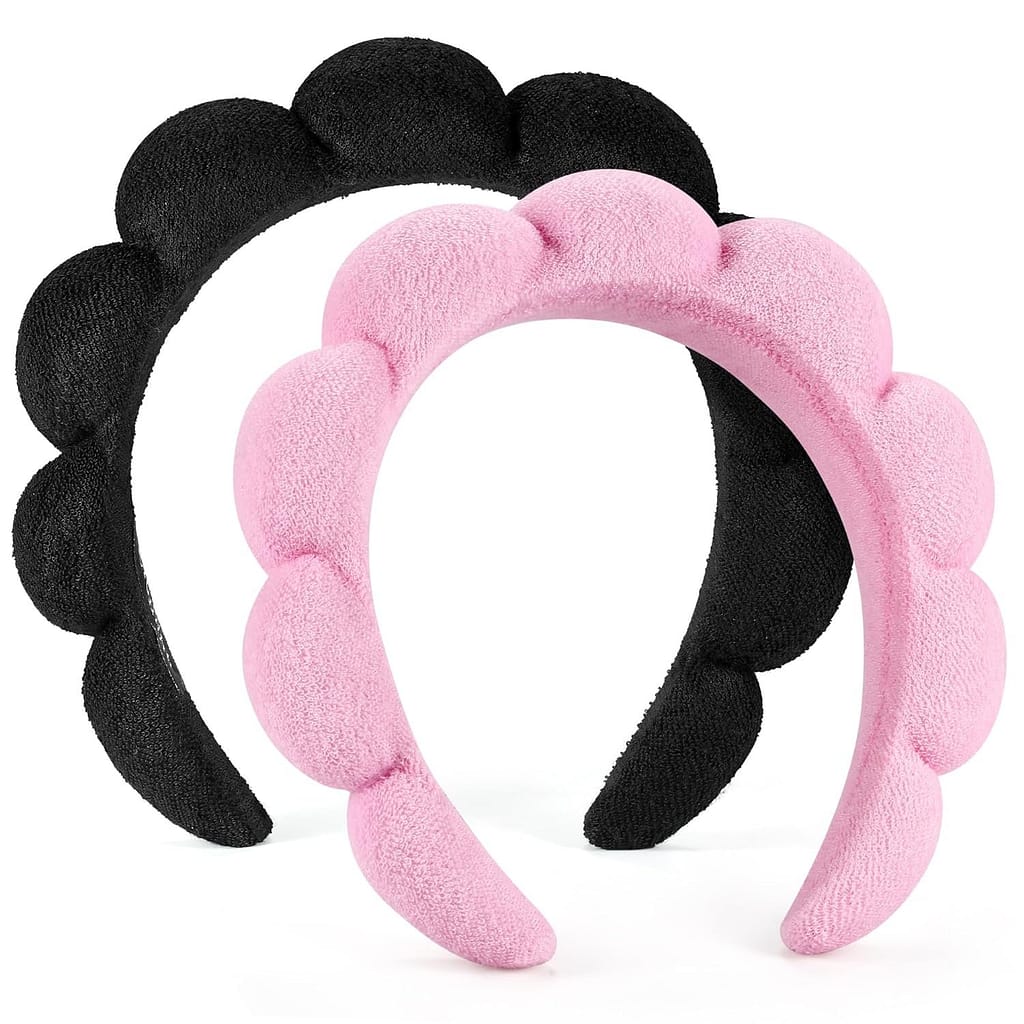 Spa Headbands for Washing Face or Facial, Set of 2 Skincare Headbands, Terry Cloth Headband Combo Pack - Puffy Makeup Headbands for Face Washing, Mask, Skin Treatment (Pink  Black)