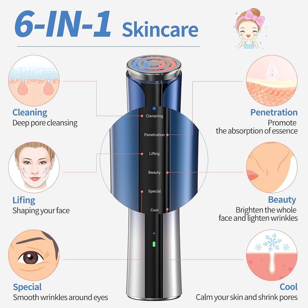 Microcurrent Facial Device, Facial Massager, 6 in 1 Home Use Skin Tightening Machine Light Therapy for Face Eye Neck Lifting