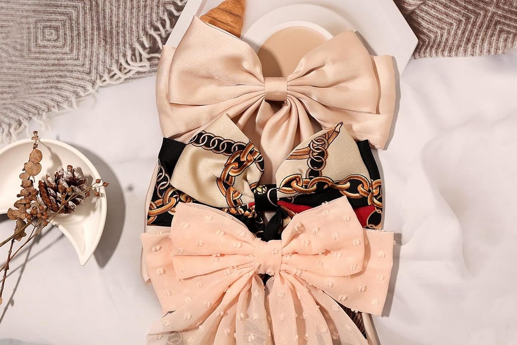 LFOUVRE Tassel Hair Bow Clips for Women - 6pcs Ribbon Barrettes With Metal Claw Clips and Bowknots - Hair Accessories for Girls and Teens