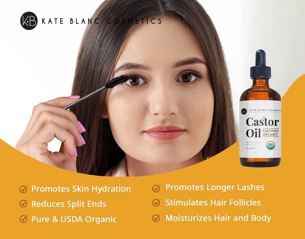 Kate Blanc Cosmetics Castor Oil (2oz), USDA Certified Organic, 100% Pure, Cold Pressed, Hexane Free Stimulate Growth for Eyelashes, Eyebrows, Hair. Skin Moisturizer  Hair Treatment Starter Kit