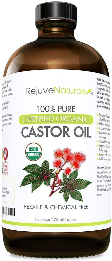 RejuveNaturals Castor Oil (16oz Glass Bottle) USDA Certified Organic, 100% Pure, Cold Pressed, Hexane Free. Boost Hair Growth for Thicker, Fuller Hair, Lashes  Eyebrows.