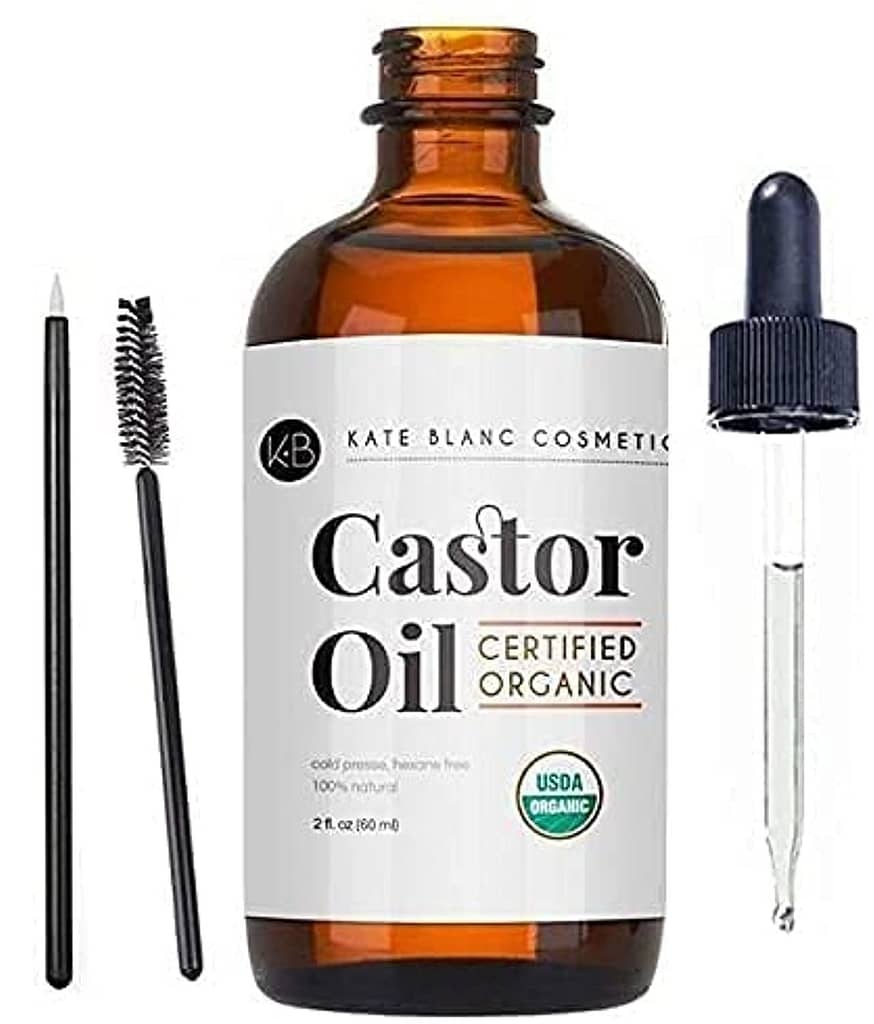 Kate Blanc Cosmetics Castor Oil (2oz), USDA Certified Organic, 100% Pure, Cold Pressed, Hexane Free Stimulate Growth for Eyelashes, Eyebrows, Hair. Skin Moisturizer  Hair Treatment Starter Kit