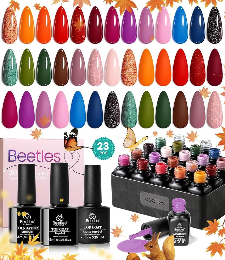 beetles Gel Nail Polish Kit,23 pcs Blue Pink Green Brown Burgundy Purple Fall Gel Nail Polish Set DIY Home Gifts for Women Soak Off UV Gel Kit with Base Gel Glossy Matte Top Coat DIY Manicure Gifts
